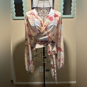 Floral Wrap Blouse with Long Sleeves